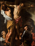 Pintura a óleo de Caravaggio, 'A Crucificação de São Pedro', mostrando São Pedro crucificado de cabeça para baixo por três homens, com expressões intensas e iluminação dramática.