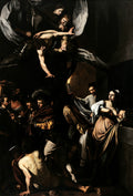 Pintura barroca de Caravaggio, As Sete Obras de Misericórdia, com figuras em chiaroscuro, anjos e cenas de caridade em fundo escuro.