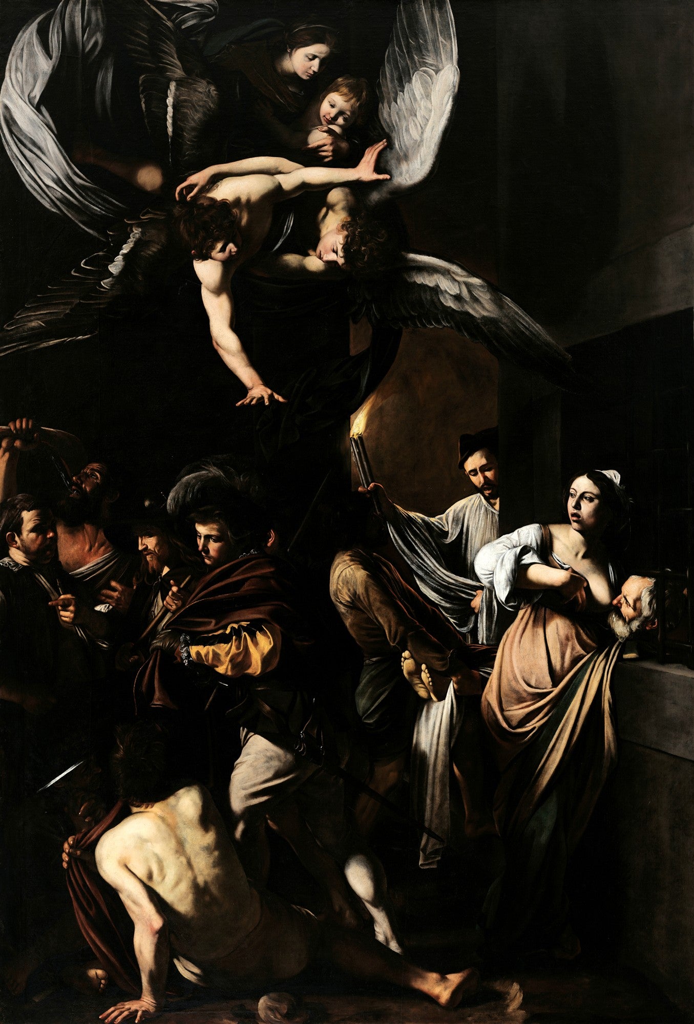 Pintura barroca de Caravaggio, As Sete Obras de Misericórdia, com figuras em chiaroscuro, anjos e cenas de caridade em fundo escuro.