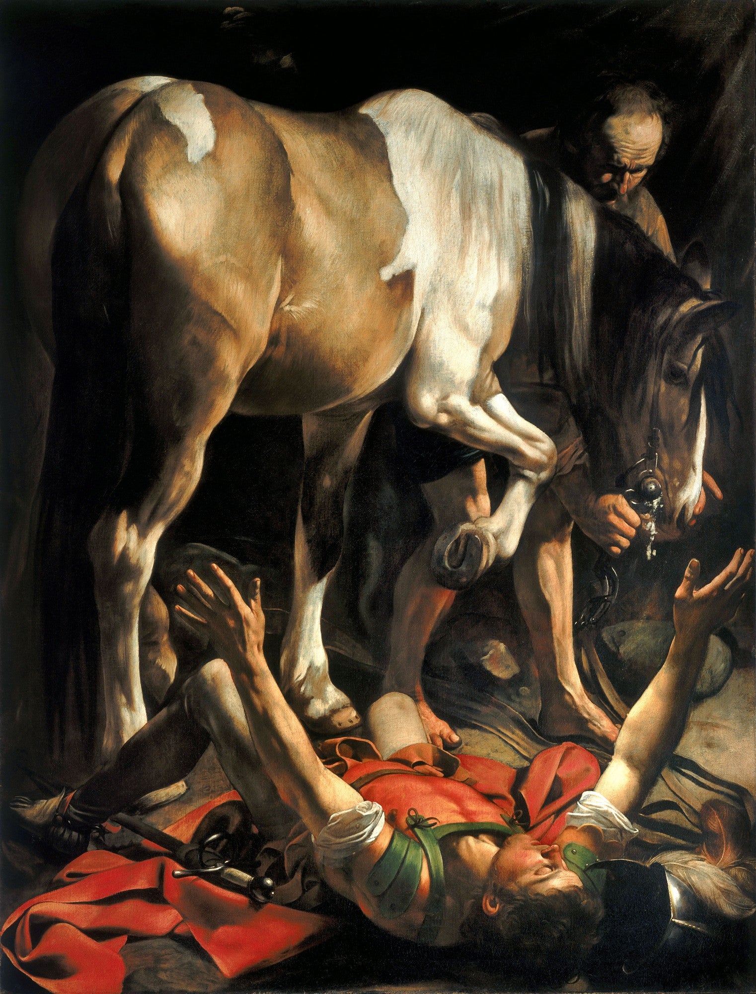 Pintura a óleo de Caravaggio, 'A Conversão de São Paulo', mostrando Paulo caído ao chão com braços erguidos, um cavalo grande e um homem ao lado.