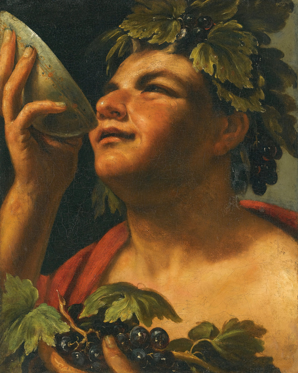 Retrato de Baco Jovem, figura com coroa de folhas de videira e uvas, segurando uma taça, com expressão de deleite. Pintura de Caravaggio.
