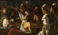 Pintura a óleo de Caravaggio, 'Os Trapaceiros', mostrando um grupo de homens em uma mesa de jogo de cartas, com um trapaceiro sendo pego em flagrante, e uma mulher observando, em um estilo dramático com fortes contrastes de luz e sombra.