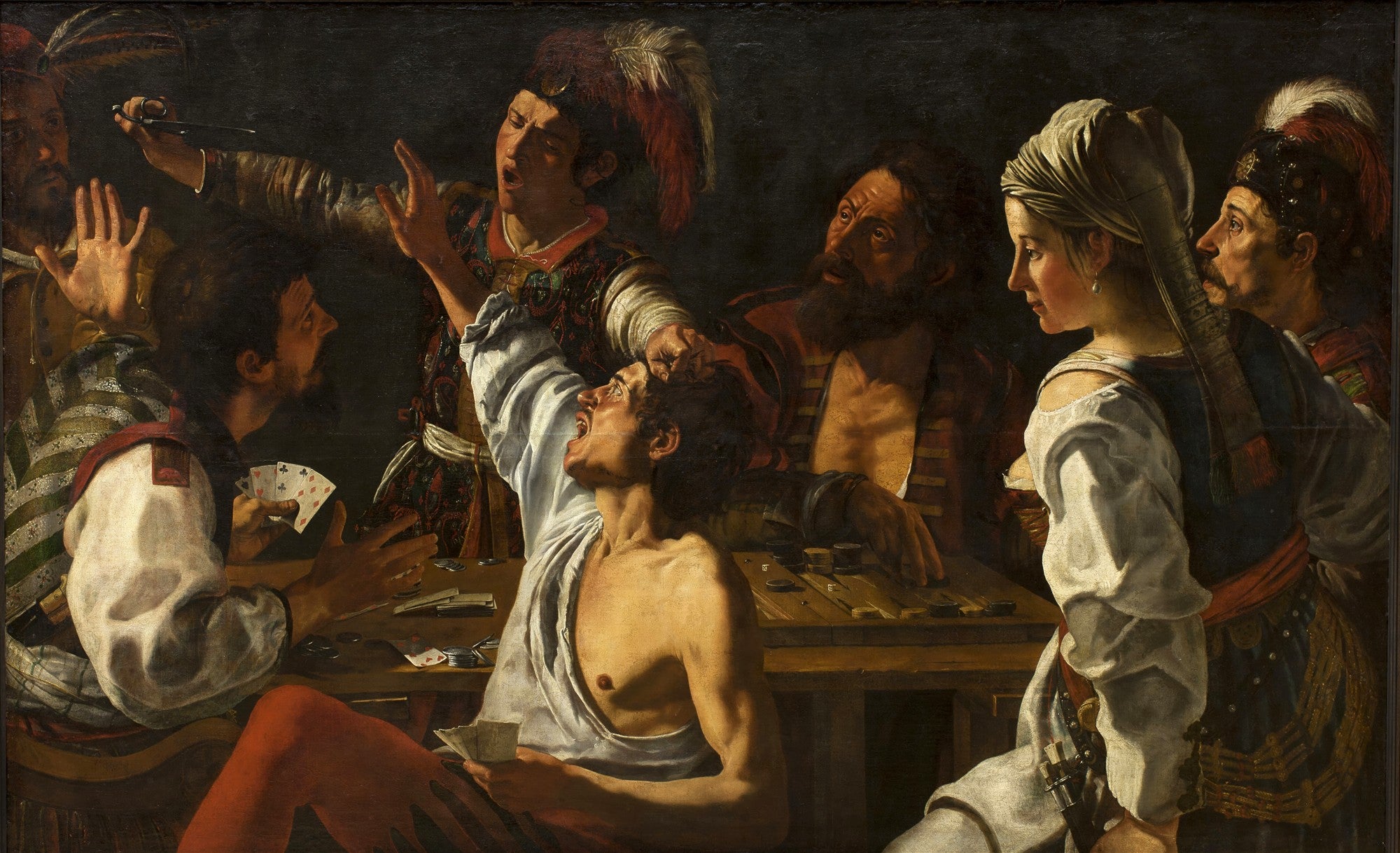 Pintura a óleo de Caravaggio, 'Os Trapaceiros', mostrando um grupo de homens em uma mesa de jogo de cartas, com um trapaceiro sendo pego em flagrante, e uma mulher observando, em um estilo dramático com fortes contrastes de luz e sombra.