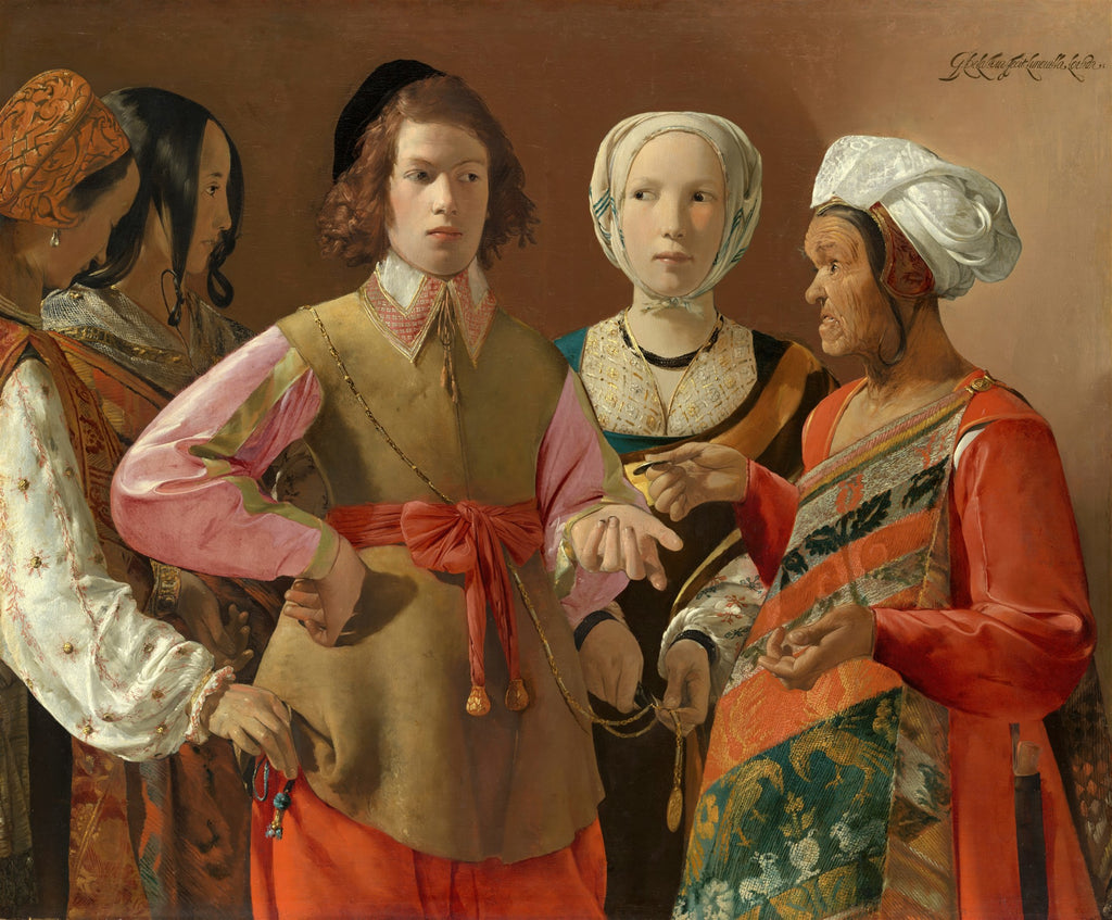 Quadro 'A Enganadora' de Georges de La Tour, mostrando um jovem sendo enganado por ciganos, com detalhes dos trajes e expressões faciais intensas sob luz dramática.