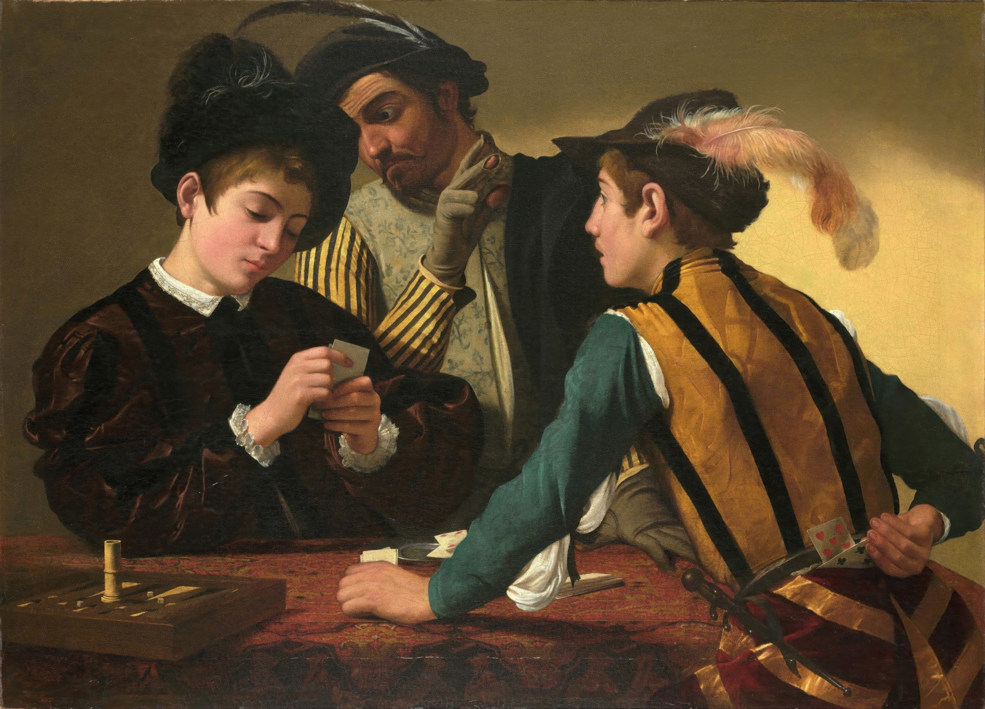 Impressão fine art de Os Trapaceiros de Caravaggio, mostrando três homens em uma mesa de jogo, com um jovem sendo enganado por dois trapaceiros. A luz dramática realça os detalhes de vestimentas e expressões.