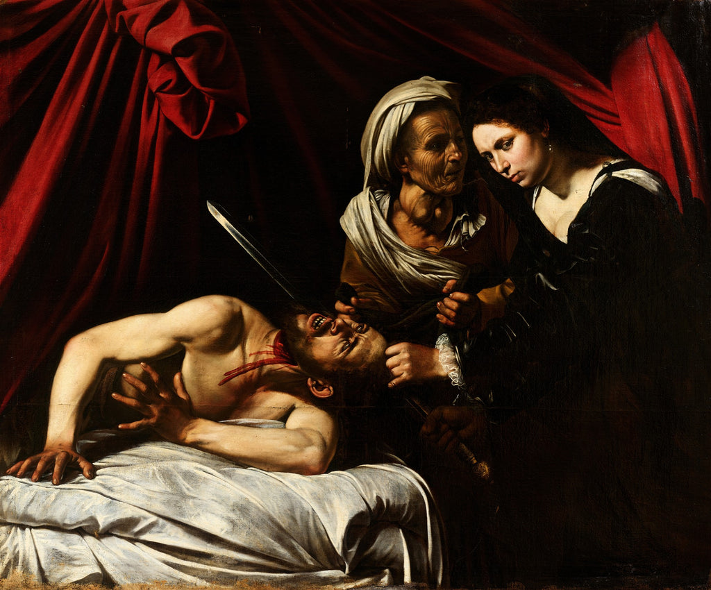Pintura barroca de Caravaggio, Judite decapitando Holofernes, com forte contraste de luz e sombra. Judite, uma mulher jovem, segura uma espada enquanto decapita um homem em uma cama, com uma mulher idosa ao seu lado. O sangue escorre no pescoço do homem. Cortinas vermelhas ao fundo.