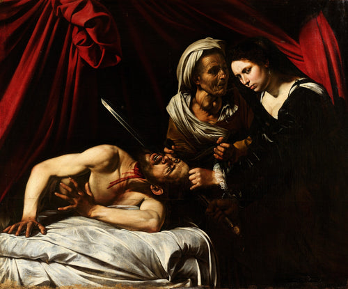 Pintura barroca de Caravaggio, Judite decapitando Holofernes, com forte contraste de luz e sombra. Judite, uma mulher jovem, segura uma espada enquanto decapita um homem em uma cama, com uma mulher idosa ao seu lado. O sangue escorre no pescoço do homem. Cortinas vermelhas ao fundo.