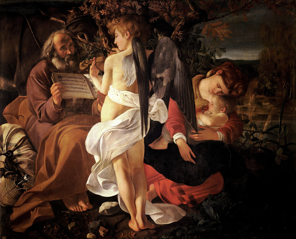 Quadro decorativo com a pintura 'Repouso na Fuga para o Egito' de Caravaggio, mostrando a Virgem Maria com o Menino Jesus dormindo, São José lendo uma partitura e um anjo tocando violino em um cenário noturno.