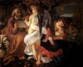 Quadro decorativo com a pintura 'Repouso na Fuga para o Egito' de Caravaggio, mostrando a Virgem Maria com o Menino Jesus dormindo, São José lendo uma partitura e um anjo tocando violino em um cenário noturno.