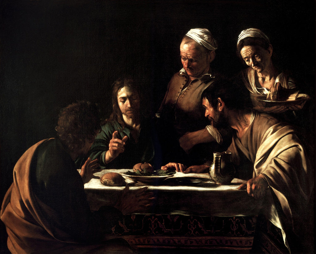 Quadro decorativo detalhando a pintura 'A Ceia em Emaús' de Caravaggio, com Cristo e dois discípulos à mesa, e um estalajadeiro e uma mulher ao fundo, tudo iluminado por um forte contraste de luz e sombra.