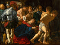 Quadro decorativo com a pintura 'A Deposição de Cristo' de Caravaggio, mostrando figuras masculinas em torno do corpo de Cristo com expressões dramáticas e iluminação intensa.