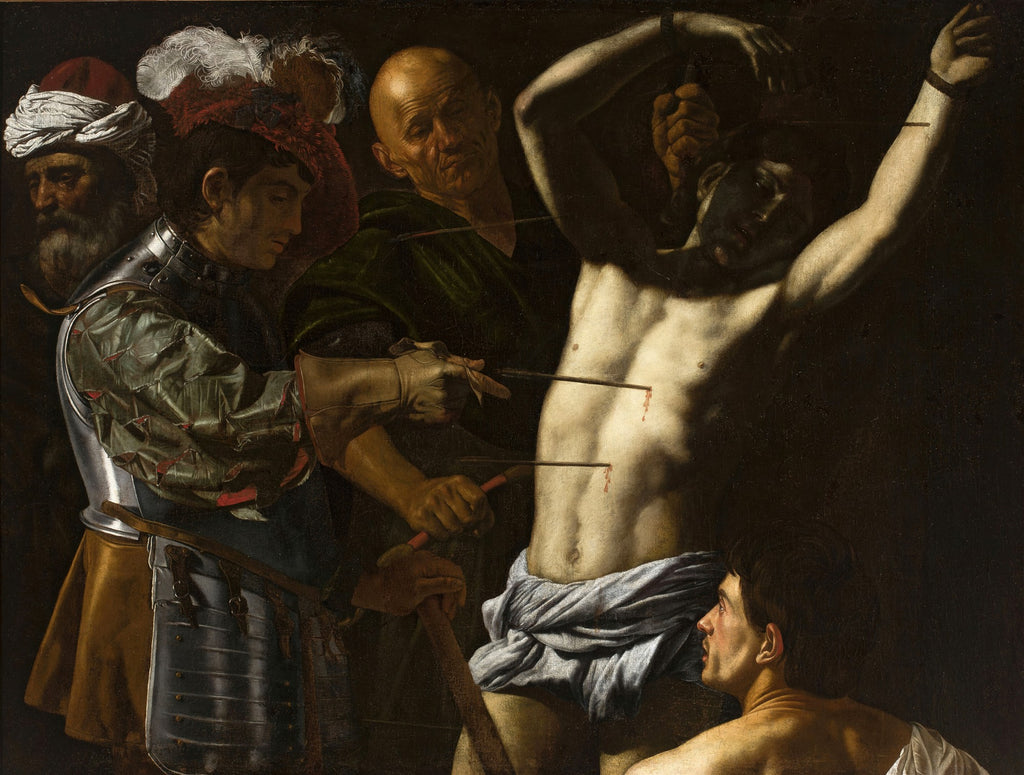 Quadro decorativo detalhando O Martírio de São Sebastião, de Caravaggio, com figuras masculinas em cena dramática sob luz e sombra intensas.
