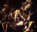 Quadro decorativo mostrando O Martírio de São Mateus, de Caravaggio, com figuras em uma cena dramática de luz e sombra, um anjo no topo e o santo sendo atacado.