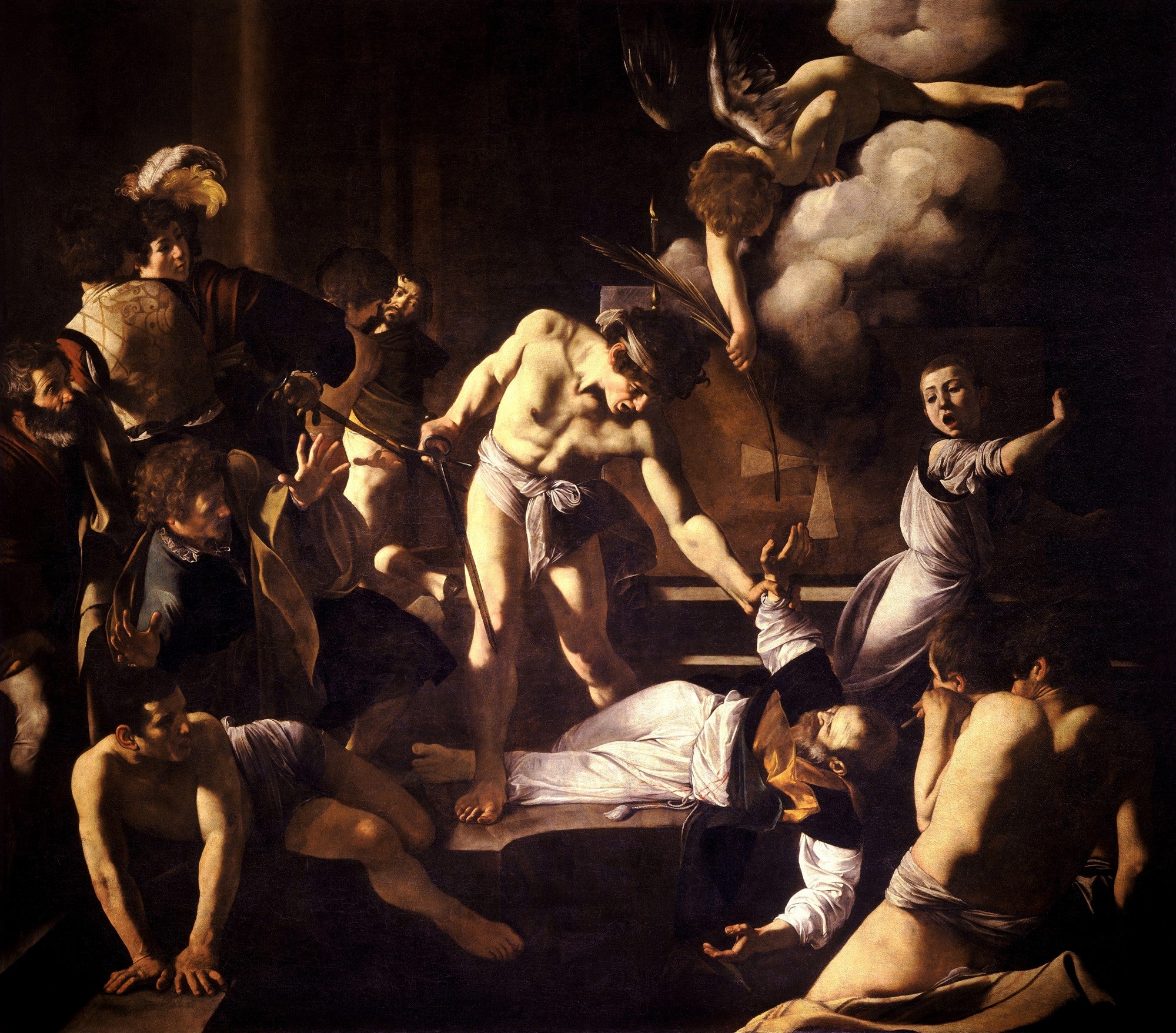 Quadro decorativo mostrando O Martírio de São Mateus, de Caravaggio, com figuras em uma cena dramática de luz e sombra, um anjo no topo e o santo sendo atacado.