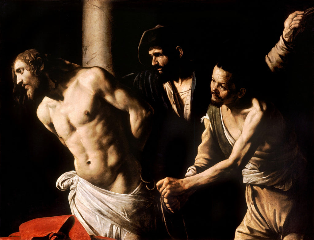 Quadro decorativo 'A Flagelação de Cristo' de Caravaggio, mostrando Jesus amarrado a uma coluna, iluminado dramaticamente em contraste com um fundo escuro, com figuras sombrias ao seu redor.