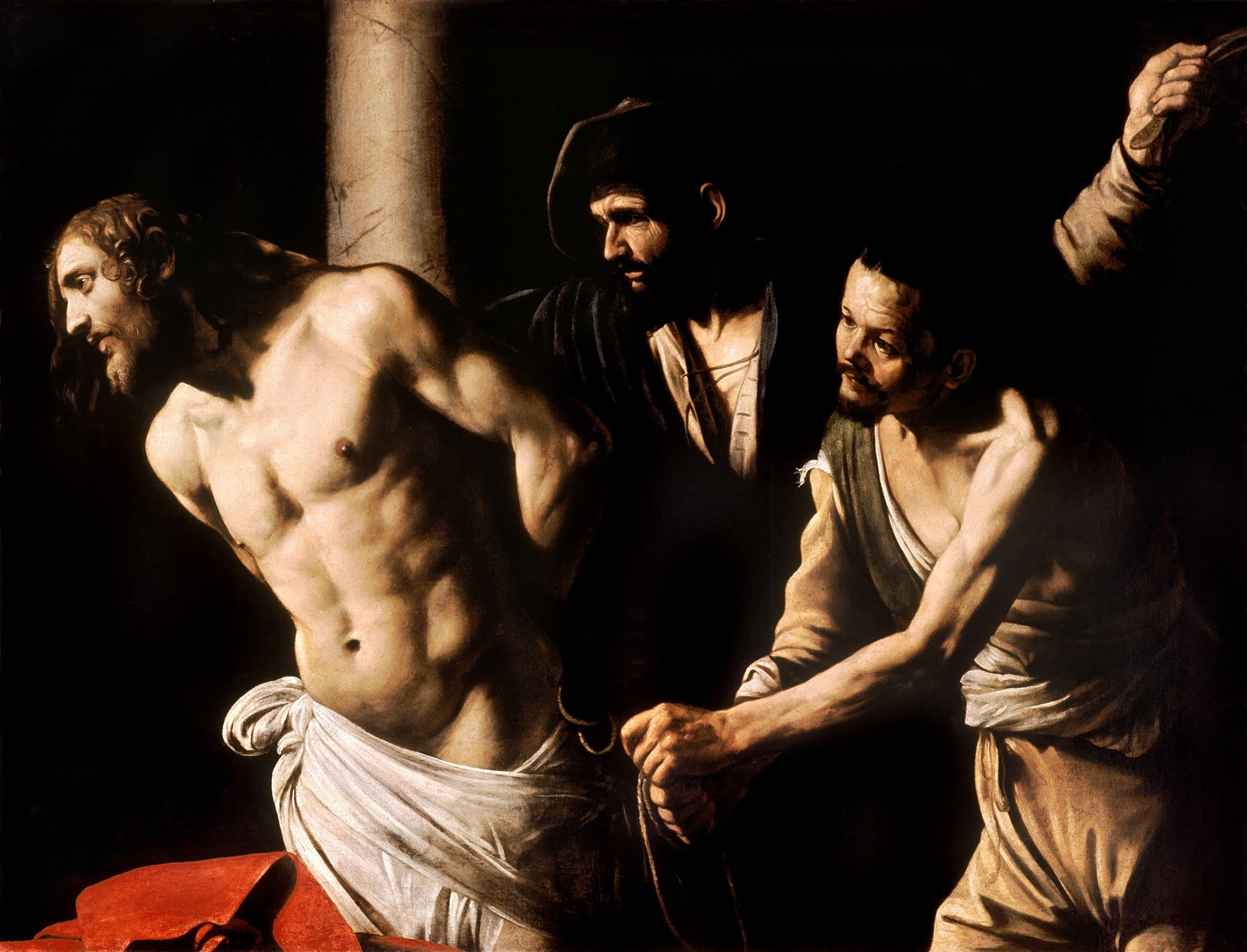 Quadro decorativo 'A Flagelação de Cristo' de Caravaggio, mostrando Jesus amarrado a uma coluna, iluminado dramaticamente em contraste com um fundo escuro, com figuras sombrias ao seu redor.