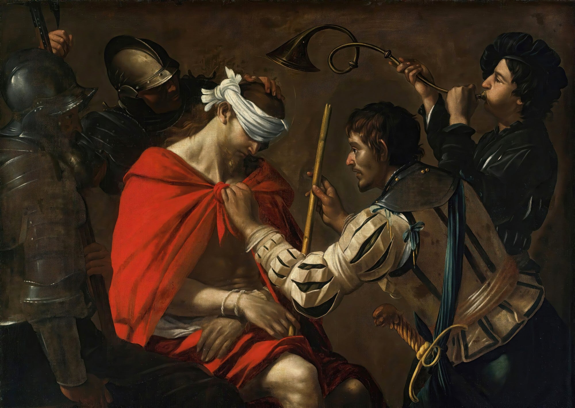 Quadro decorativo "A Coroação de Espinhos" de Caravaggio, mostrando Cristo vendado com um manto vermelho, sendo atormentado por soldados em um ambiente escuro com uso dramático de claro-escuro.