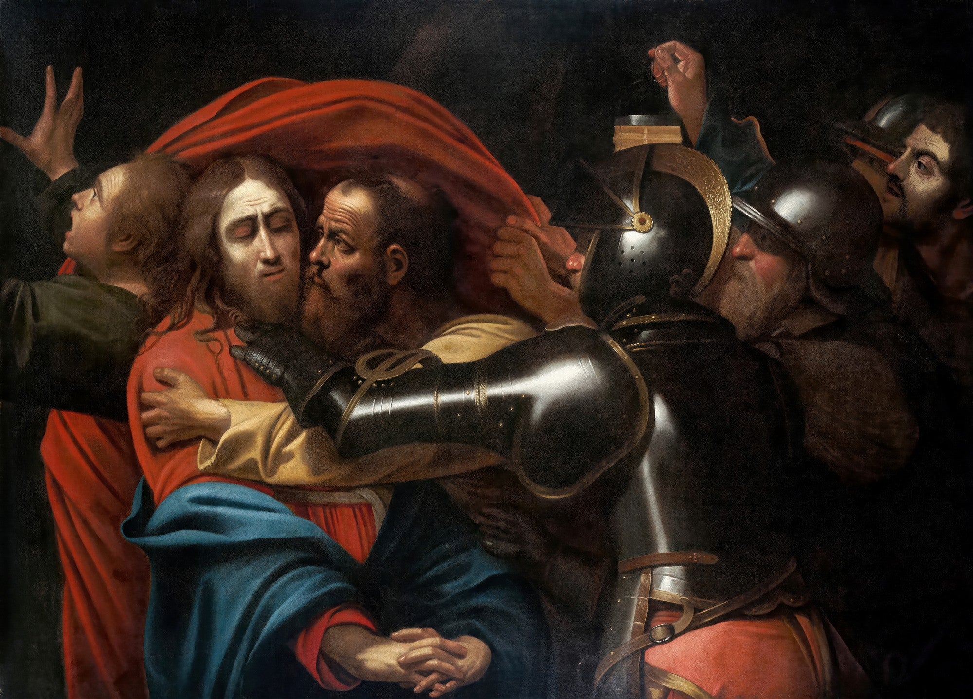 Pintura de Caravaggio 'A Prisão de Cristo' mostrando Judas beijando Jesus, rodeados por soldados e discípulos em uma cena noturna e dramática, com forte contraste de luz e sombra.