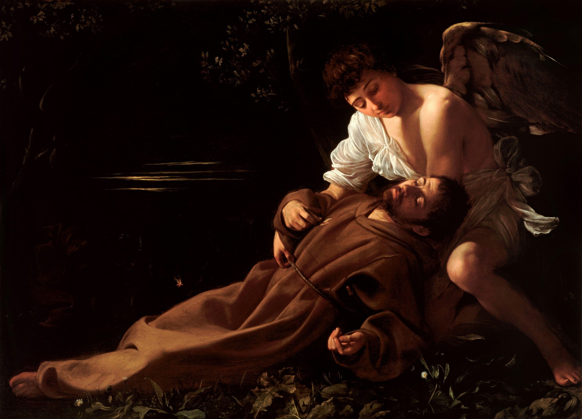 Pintura escura de Caravaggio, São Francisco em Êxtase, com um anjo abraçando São Francisco em um fundo noturno com reflexo de luz na água.