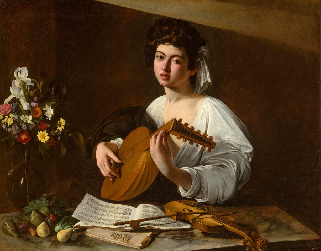 Jovem músico com alaúde de Caravaggio, em impressão fine art com moldura preta e vidro, exibindo detalhes da partitura, frutas e flores em uma composição de luz e sombra dramática.