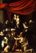 Quadro decorativo de Caravaggio, Madonna do Rosário, com a Virgem Maria e o Menino Jesus cercados por devotos em um cenário escuro com drapeado vermelho vibrante no topo.
