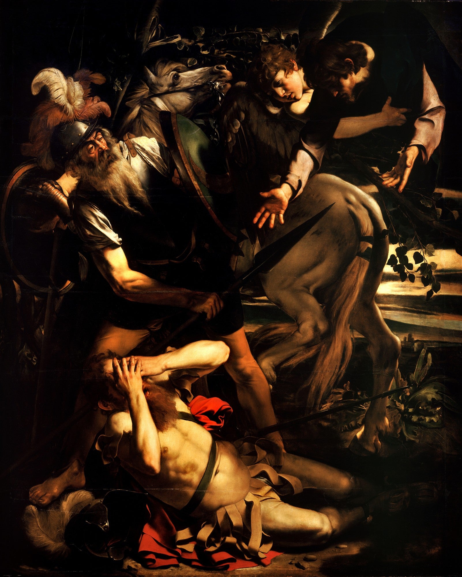 Pintura barroca de Caravaggio, 'A Conversão de São Paulo', retratando Saulo caído do cavalo, com um homem ajoelhado ao lado e um anjo acima, iluminado por forte luz contrastando com escuridão.