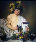 Retrato de um jovem com coroa de folhas de videira, draperias brancas, segurando uma taça de vinho e com uma cesta de frutas à frente, atribuído a Caravaggio.