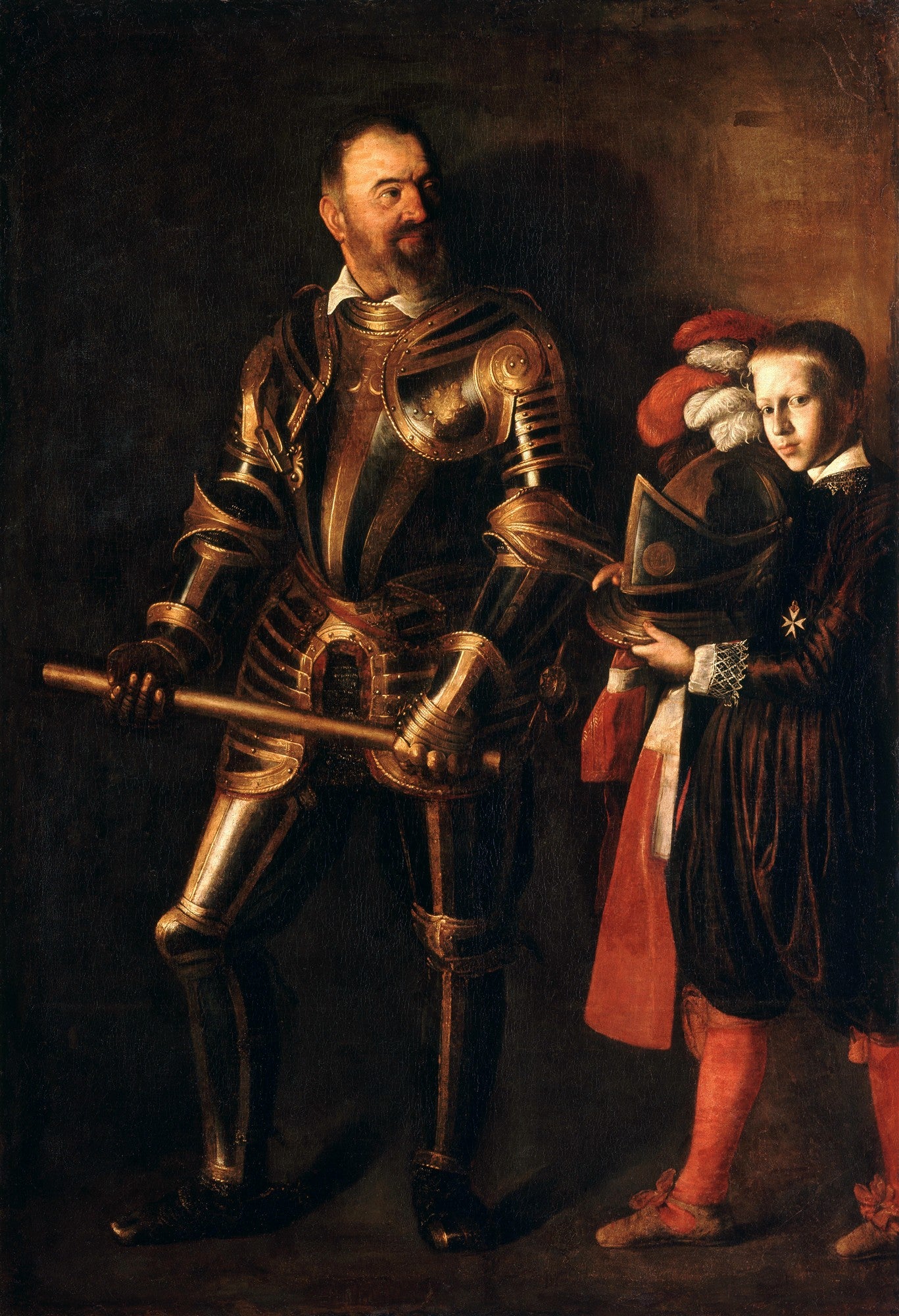 Pintura a óleo de um cavaleiro em armadura dourada e preta, com um pajem ao seu lado segurando um elmo, ambos emergindo de um fundo escuro com iluminação dramática.