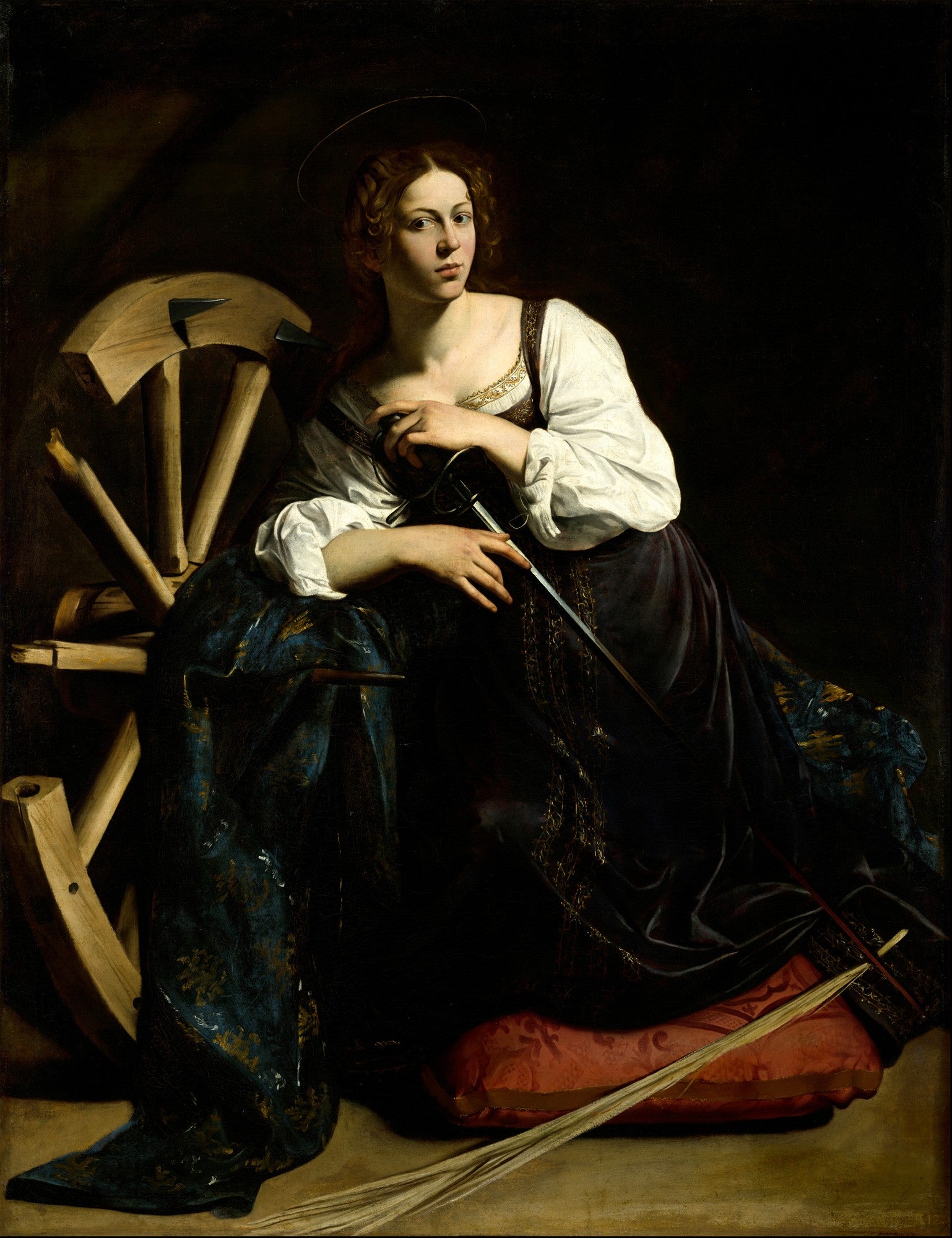 Pintura a óleo de Santa Catarina de Alexandria de Caravaggio, figura feminina sentada com espada e roda dentada, fundo escuro e iluminação dramática.