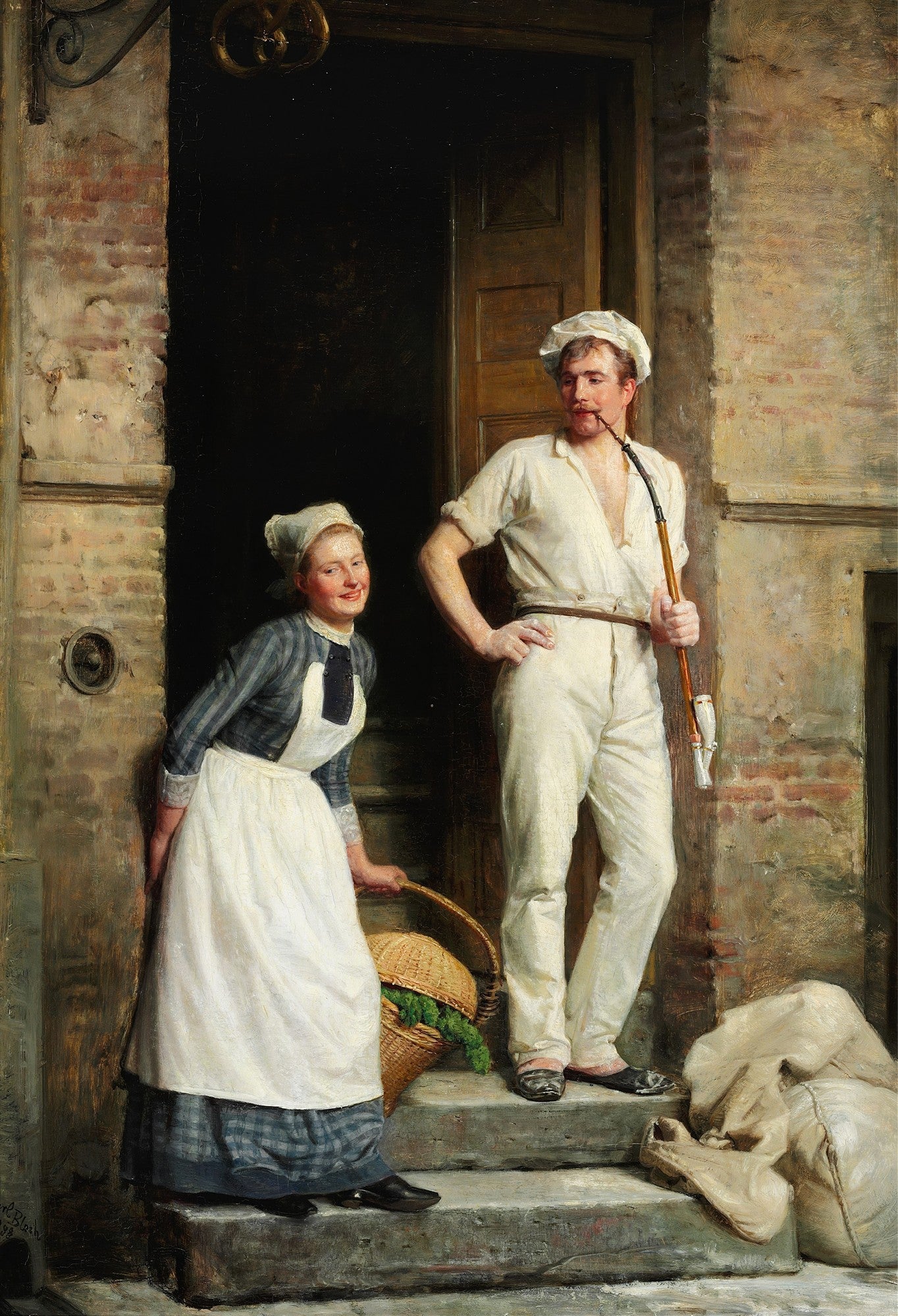 Casal de padeiros em frente a uma padaria, com a mulher sorrindo e carregando uma cesta, e o homem fumando um cachimbo. Obra de Carl Bloch.