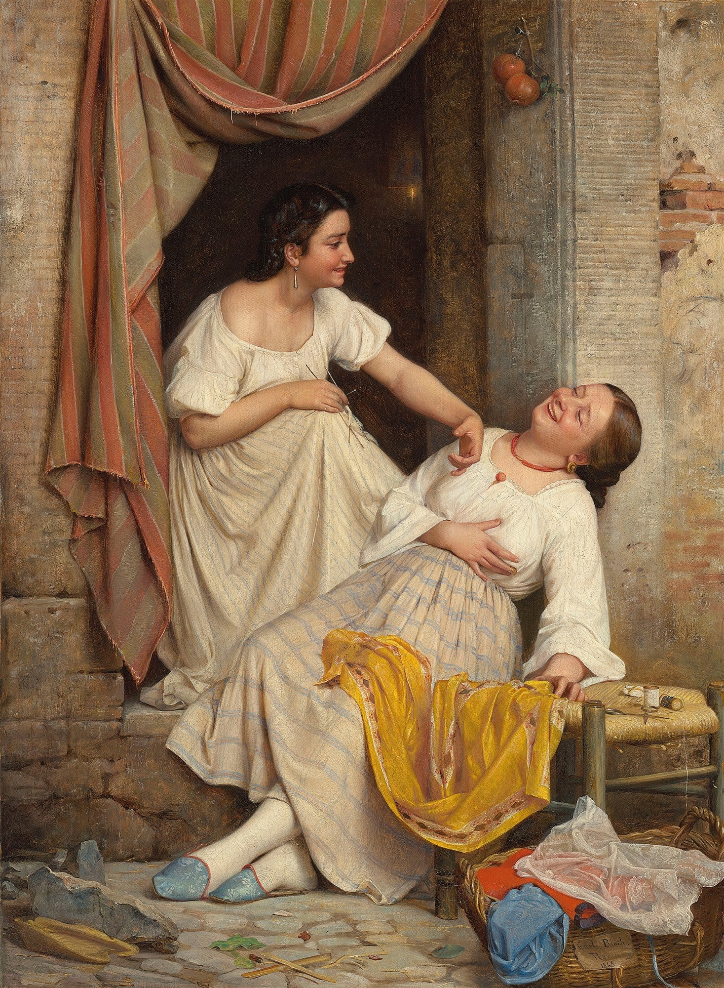 Duas jovens italianas em uma cena de gênero, uma rindo abertamente e a outra sorrindo, em uma pintura realista de Carl Bloch.