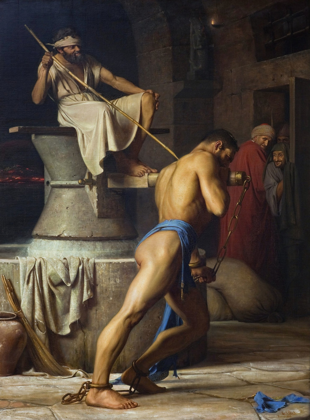 Pintura a óleo de Carl Bloch, 'Sansão no Moinho', retratando o herói bíblico Sansão acorrentado e cego, trabalhando em um moinho escuro, com figuras observando ao fundo.
