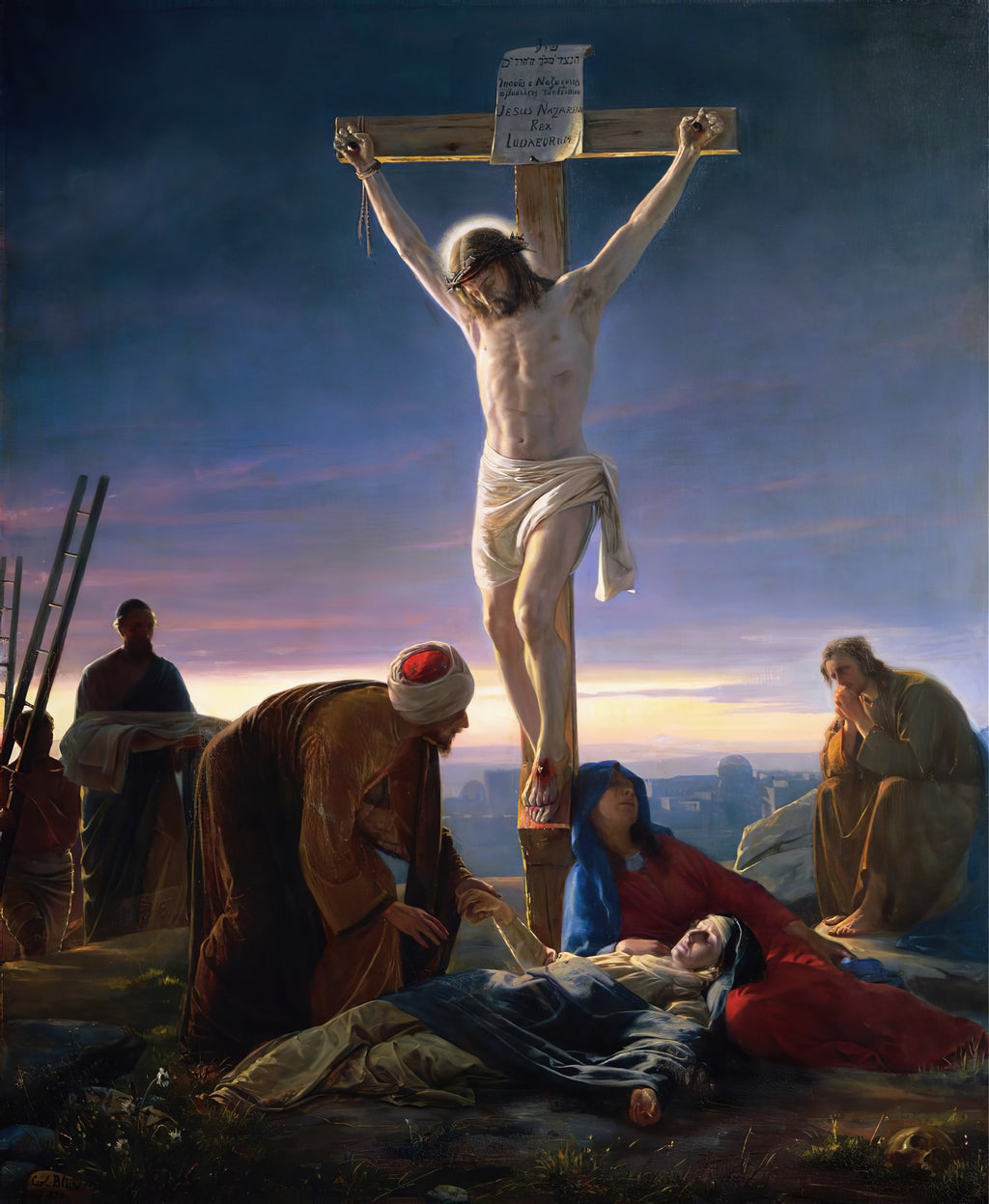 Pintura a óleo de Carl Bloch, A Crucificação, mostrando Jesus Cristo na cruz sob um céu dramático ao pôr do sol, com Maria desfalecida aos pés da cruz e outras figuras em luto. Detalhes de luz e sombra realçam a emoção da cena.