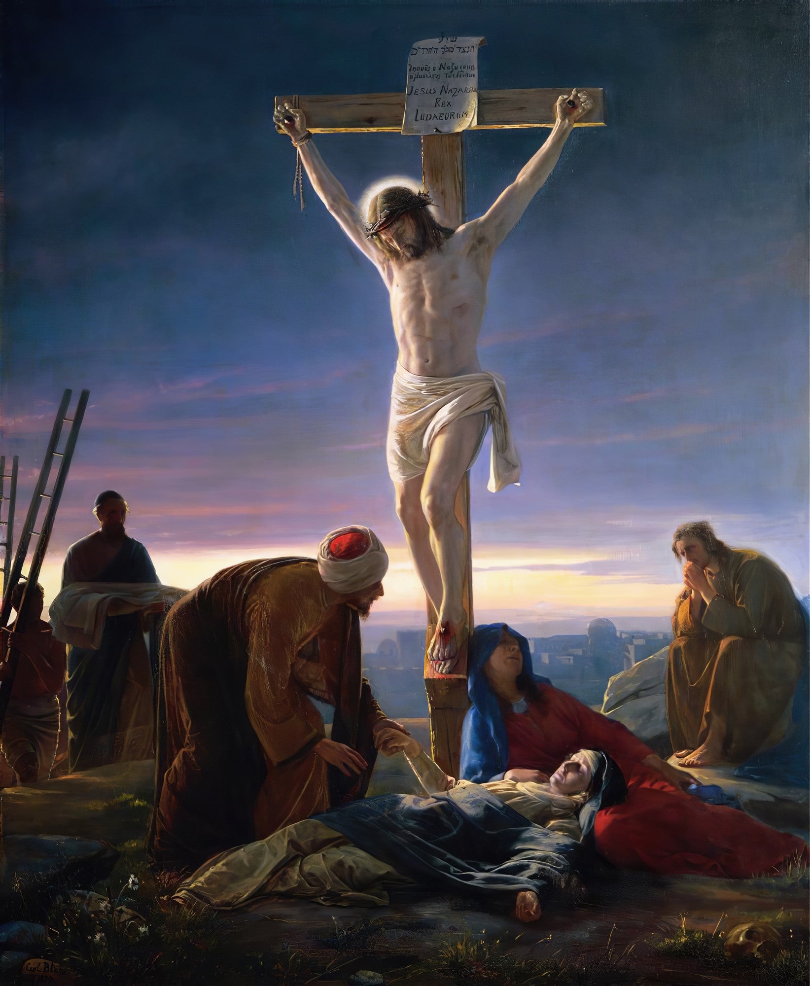 Pintura a óleo de Carl Bloch, A Crucificação, mostrando Jesus Cristo na cruz sob um céu dramático ao pôr do sol, com Maria desfalecida aos pés da cruz e outras figuras em luto. Detalhes de luz e sombra realçam a emoção da cena.