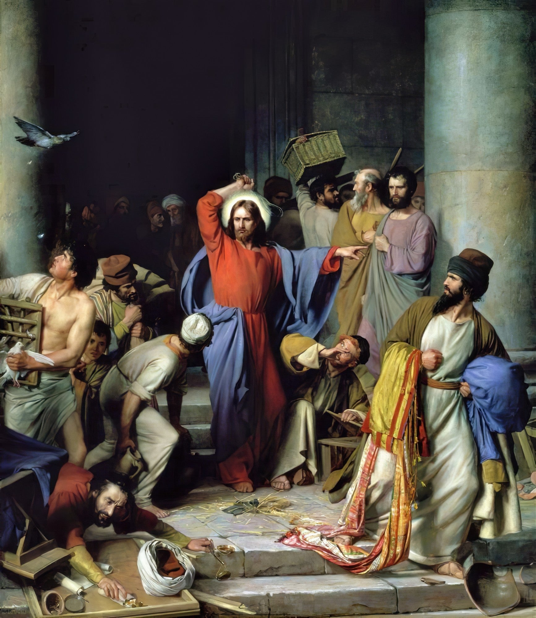 Uma pintura a óleo dramática de Jesus Cristo no centro, com um chicote levantado e um braço estendido, purificando o templo, cercado por figuras em pânico e comerciantes. A cena é intensa, com uma pomba voando e elementos caídos no chão. A luz incide sobre Jesus.