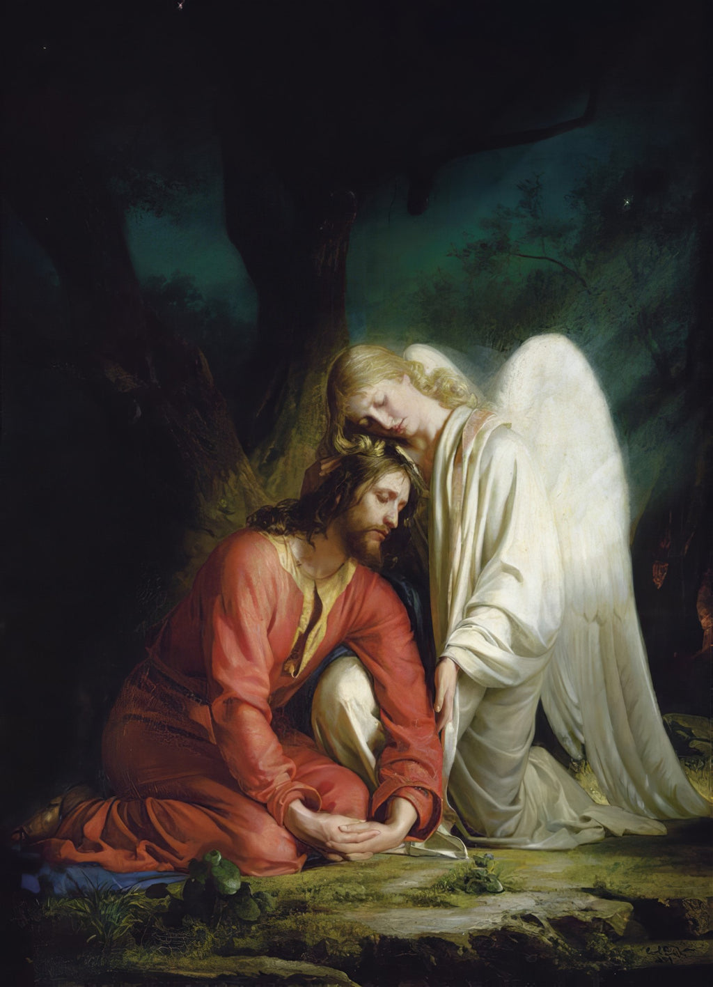 Quadro decorativo mostrando Jesus Cristo ajoelhado em um jardim escuro, sendo consolado por um anjo de asas brancas. A cena é dramática e serena.