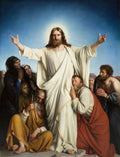 Pintura a óleo de Carl Bloch, 'Jesus Curando os Doentes', mostrando Jesus Cristo com os braços estendidos, cercado por pessoas aflitas buscando cura, com um halo luminoso ao redor de sua cabeça sob um céu azul. A cena transmite compaixão e esperança.