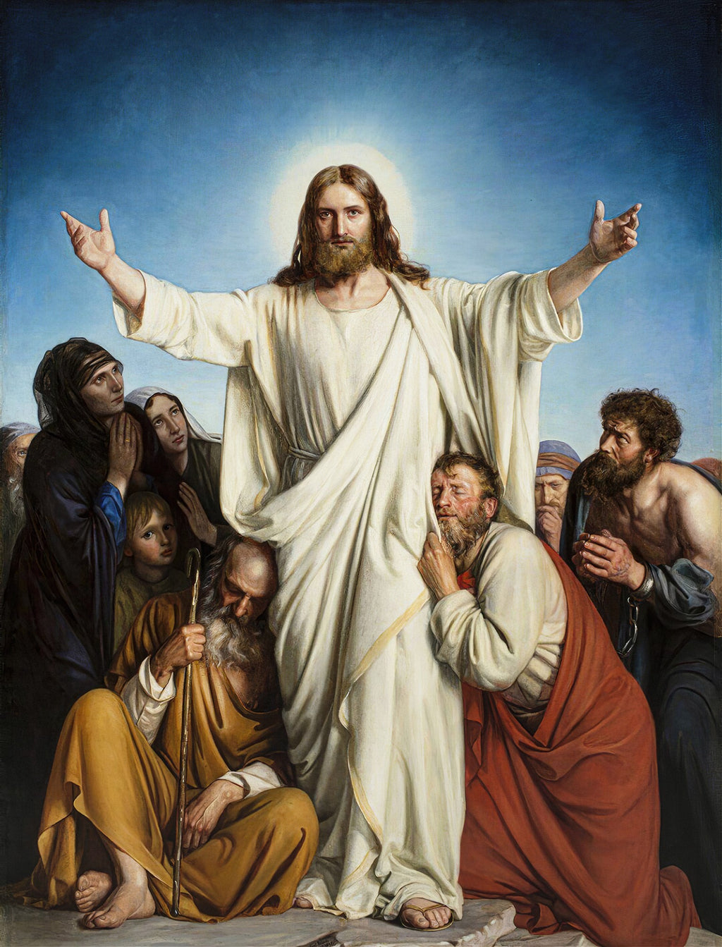 Quadro decorativo "Christus Consolator" de Carl Bloch, retratando Jesus Cristo de braços abertos, com um halo de luz, rodeado por pessoas em busca de consolo e esperança. A cena é dramática e emotiva, com cores ricas e detalhes realistas.