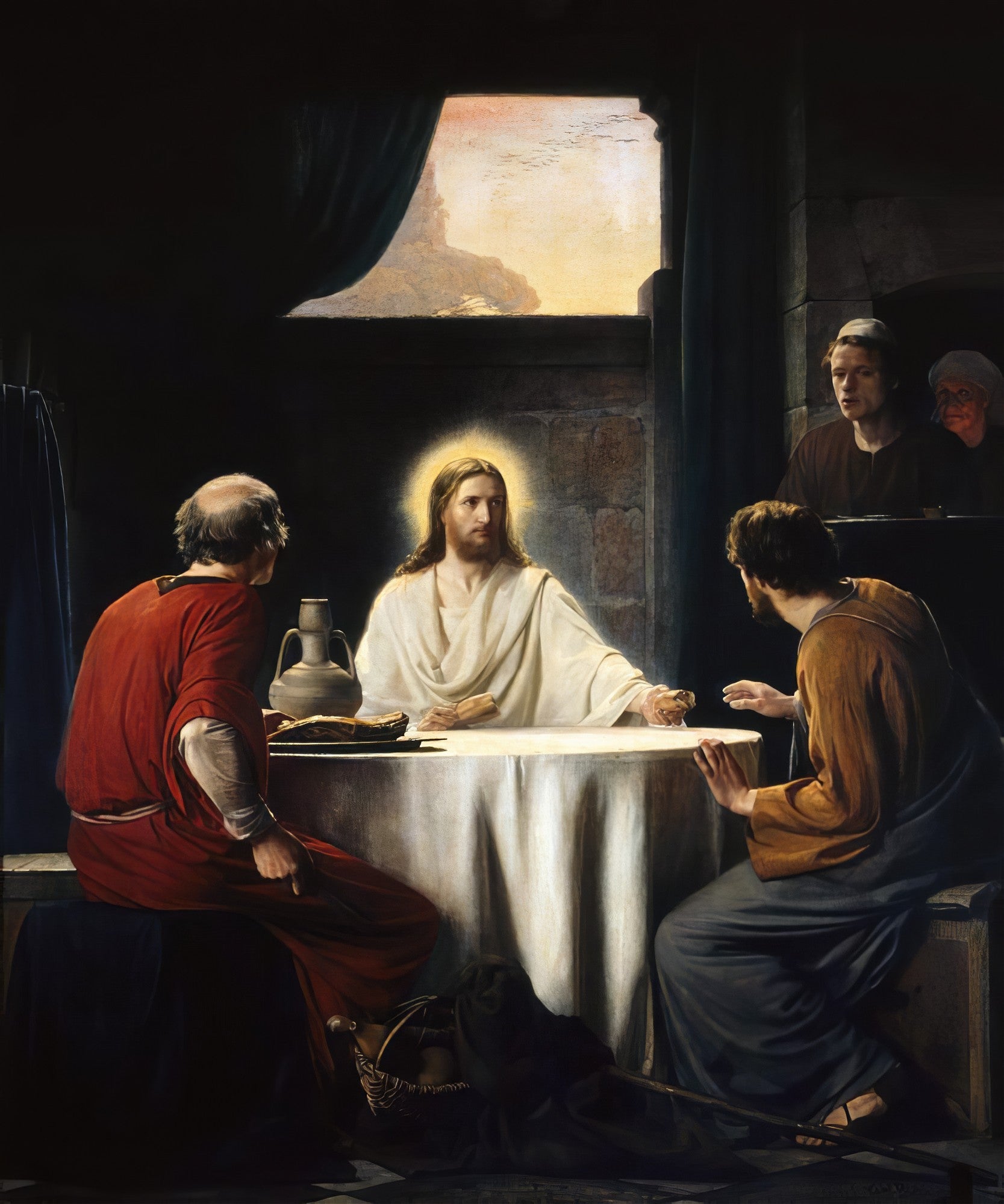 Quadro decorativo da obra 'A Ceia em Emaús' de Carl Bloch, retratando Jesus Cristo com um halo dourado à mesa com dois discípulos, e outras duas figuras ao fundo. A cena é em um ambiente escuro, com uma janela que revela um céu crepuscular.