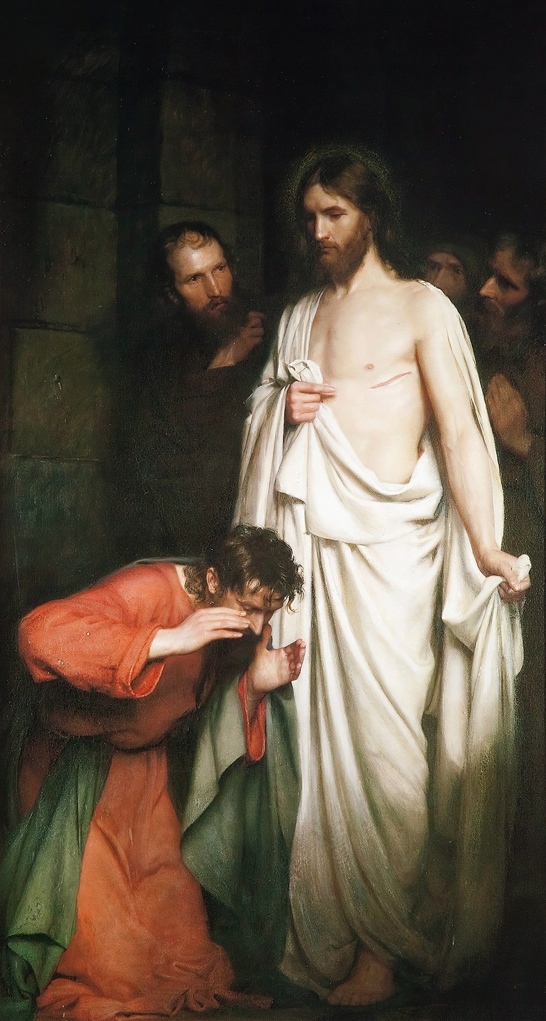 Quadro decorativo com a pintura 'A Dúvida de Tomé' de Carl Bloch, mostrando Jesus Cristo com as feridas da crucificação e o apóstolo Tomé ajoelhado, tocando seu lado, em meio a outros apóstolos. A cena é dramática e iluminada por uma luz suave.