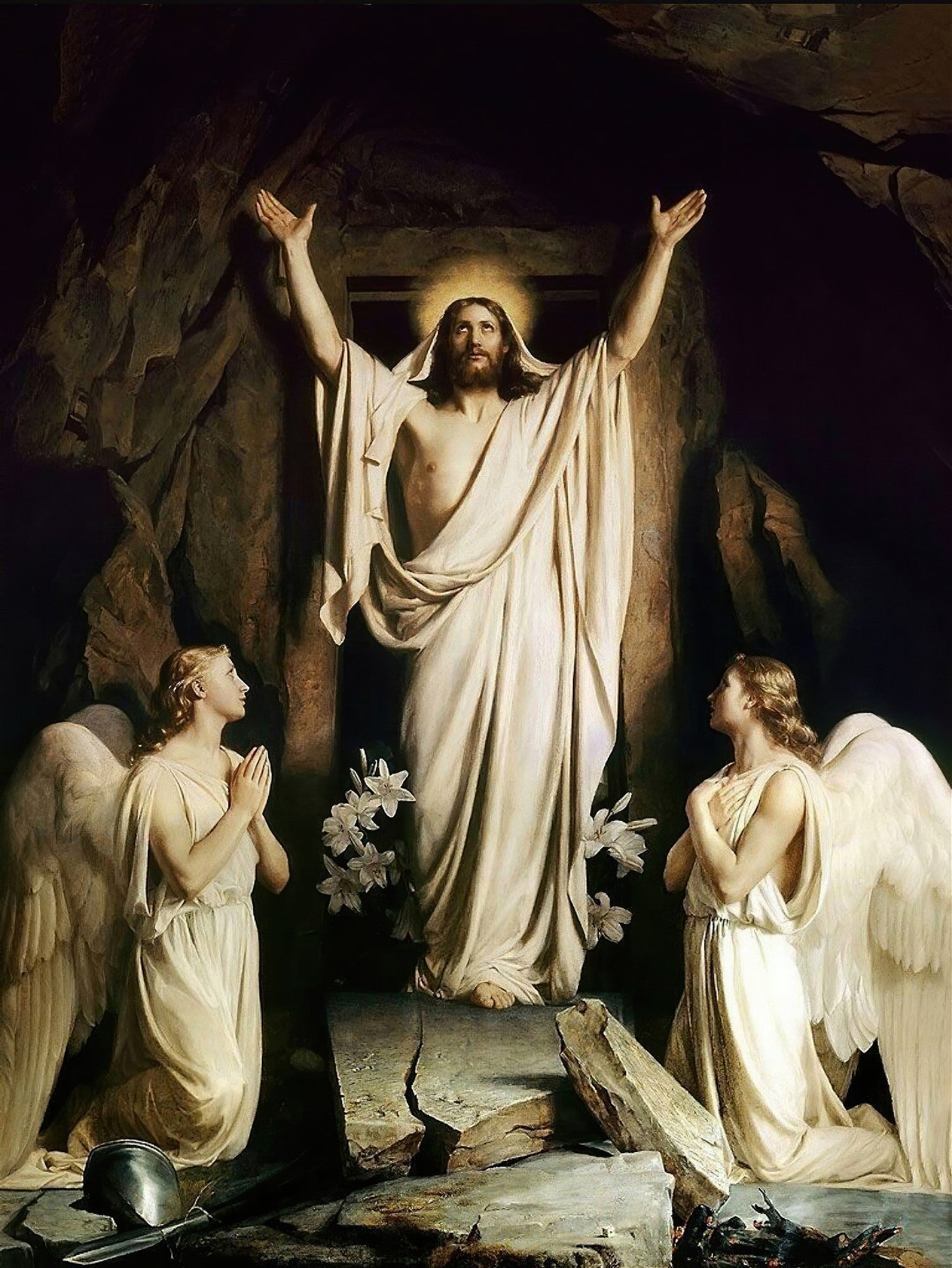 Pintura de Carl Bloch, 'A Ressurreição de Cristo', retratando Jesus emergindo do túmulo com braços erguidos e auréola, ladeado por dois anjos ajoelhados em adoração. A cena é dramática, com luz vinda de trás de Jesus e sombras profundas ao redor da tumba. Cores suaves predominam nos mantos e pele, contrastando com o fundo escuro da caverna.
