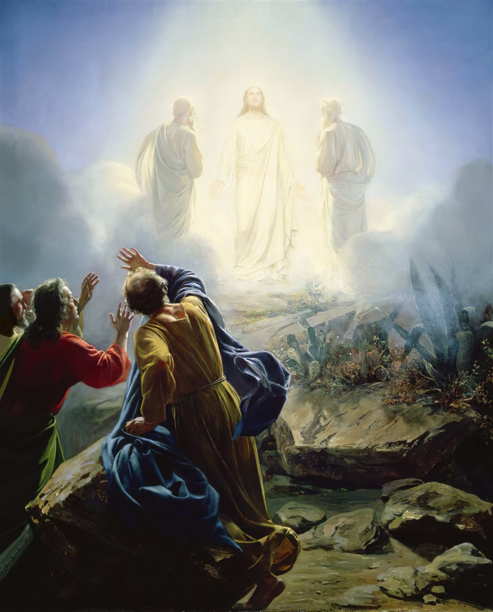 Pintura de Carl Bloch, 'A Transfiguração', mostrando Jesus Cristo em luz celestial com Moisés e Elias, enquanto três apóstolos, Pedro, Tiago e João, estão prostrados no chão, impressionados pela visão divina. A cena é dramática, com nuvens e uma montanha rochosa.