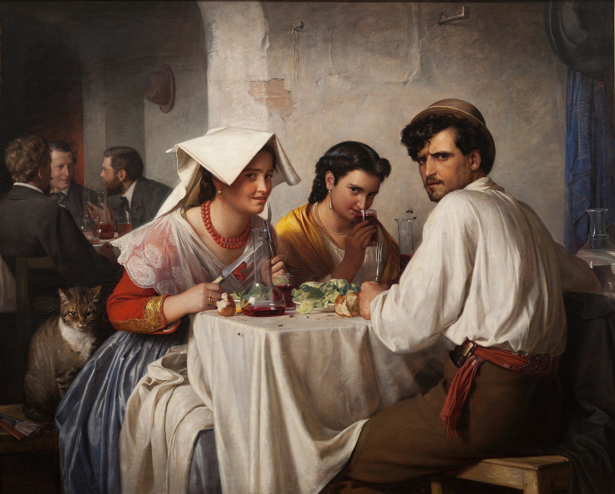 Uma pintura a óleo vibrante de Carl Bloch que retrata um grupo de pessoas sentadas em uma mesa em uma osteria, com dois homens ao fundo e um casal em primeiro plano, ladeados por uma mulher e um gato. O homem à direita olha diretamente para o espectador, enquanto a mulher à esquerda sorri sutilmente. A cena é iluminada por uma luz quente, destacando as cores das vestes e a expressão dos personagens, com detalhes como um jarro de vinho e pão na mesa.