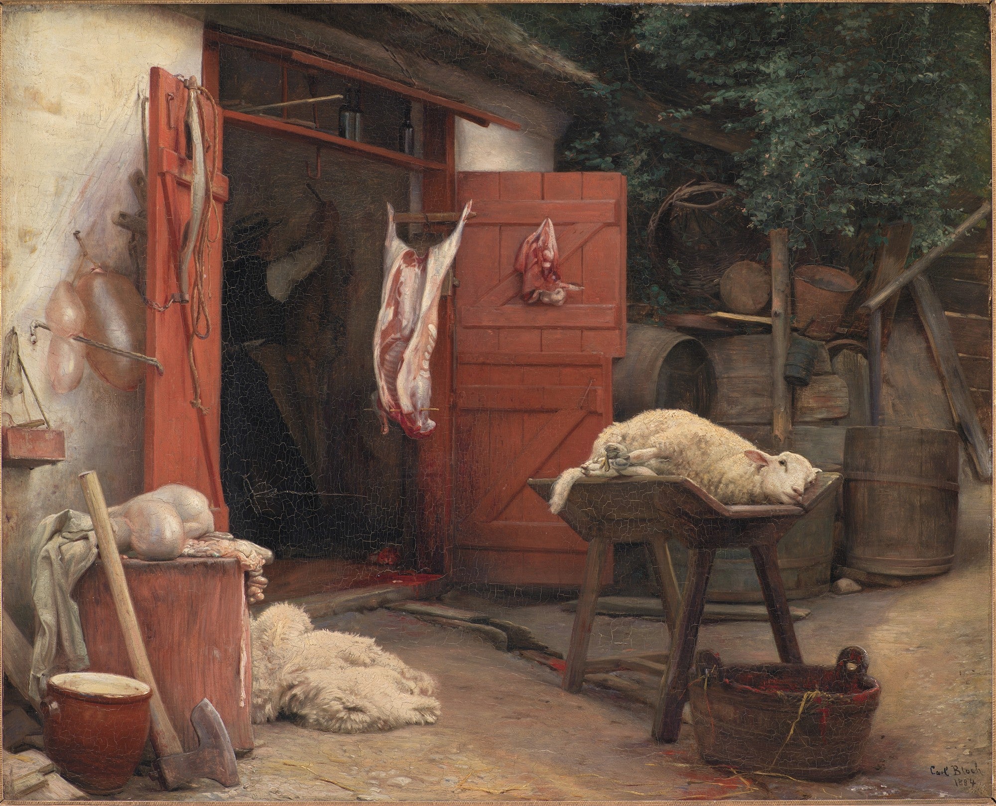 Pintura a óleo de Carl Bloch, 'A Casa do Açougueiro', retratando um açougue rústico com um cordeiro abatido em uma mesa, outro deitado no chão, e carnes penduradas na porta vermelha.