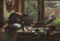 Quadro 'A Lagosta' de Carl Bloch, mostrando uma natureza-morta com peixes, lagosta e vegetais, com duas crianças espiando pela janela, uma delas com expressão de surpresa.