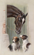 Pintura de Carl Reichert mostrando um cavalo marrom com arreios olhando para dois cães. O cavalo está saindo de um estábulo e os cães estão sentados no chão, olhando para cima.