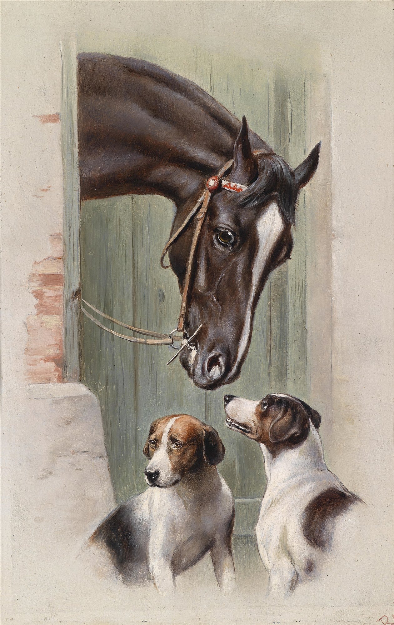 Pintura de Carl Reichert mostrando um cavalo marrom com arreios olhando para dois cães. O cavalo está saindo de um estábulo e os cães estão sentados no chão, olhando para cima.