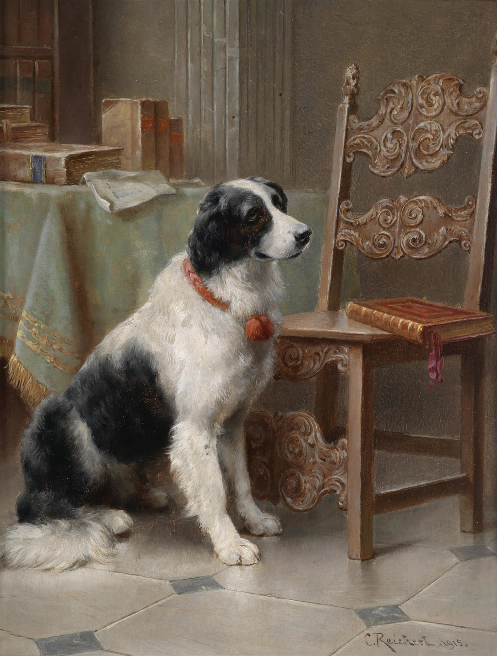 Quadro decorativo do artista Carl Reichert, mostrando um cão de pelagem preta e branca com coleira vermelha, sentado em um ambiente clássico com cadeira entalhada e livros.