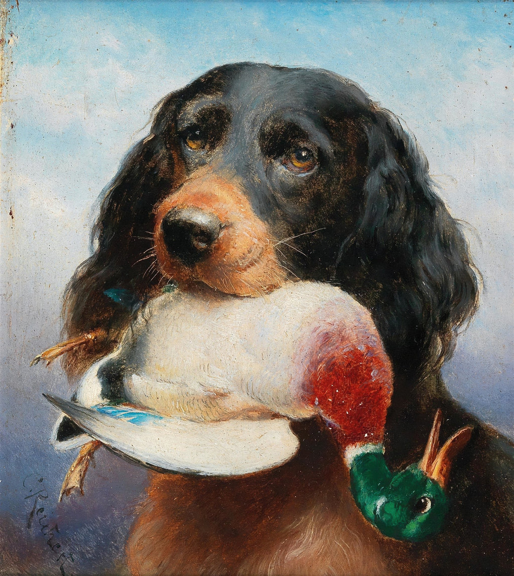 Quadro decorativo de Carl Reichert, mostrando um cão de caça preto e marrom com um pato na boca, contra um fundo azul claro. A assinatura do artista está visível no canto inferior esquerdo.