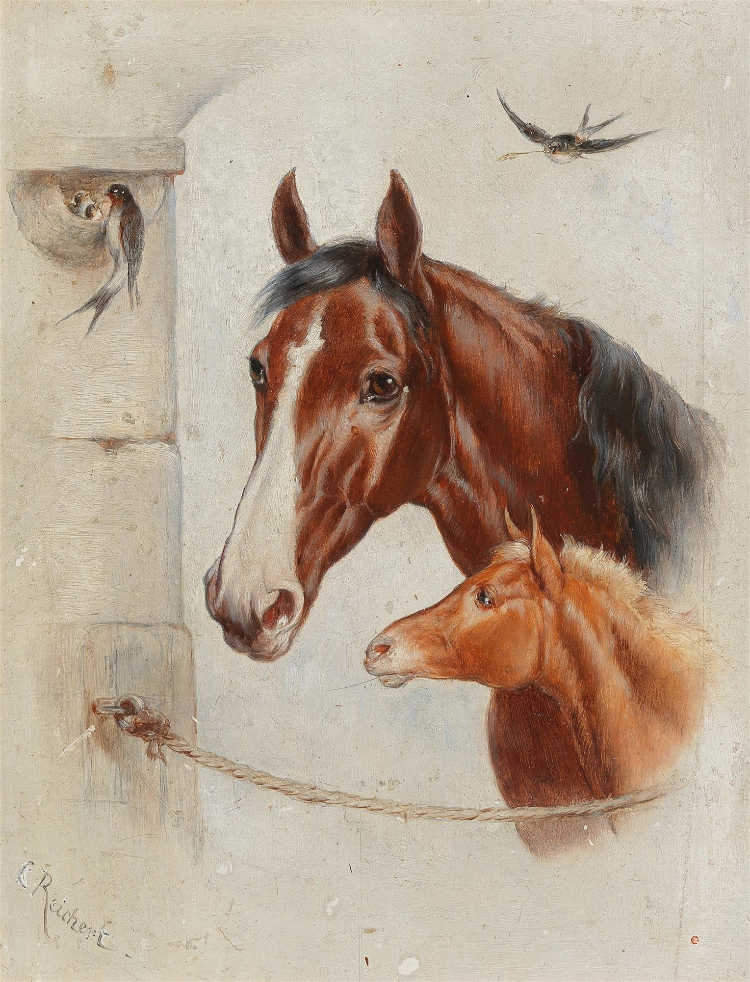 Quadro do artista Carl Reichert representando a cabeça de uma égua marrom escura e um potro marrom claro, com andorinhas próximas a um ninho e voando. A cabeça da égua e o potro estão amarrados por uma corda a um pilar, em um ambiente rústico.